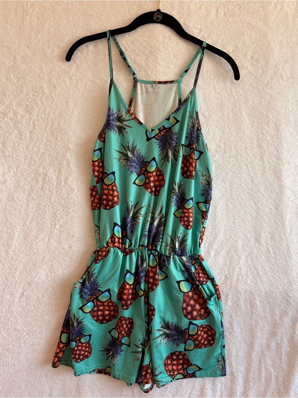 🍍 Pineapple Sunglasses Print Romper Jumpsuit Women's M Turquoise Swim Coverup